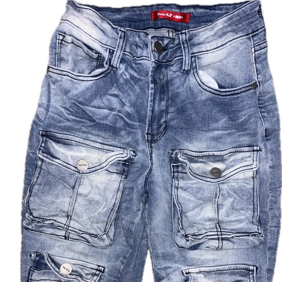 Smoke rise RED Blue wash denim stacked/ bunched - ranched pockets jeans sz small - Picture 4 of 9